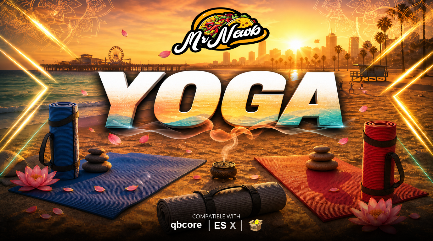 MrNewbYoga banner — yoga mats on Vespucci Beach at sunset